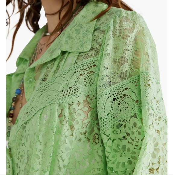 Free People Top Melona Green Out West Lace Button Up Blouse Size XS NWT Oversize - Picture 2 of 16